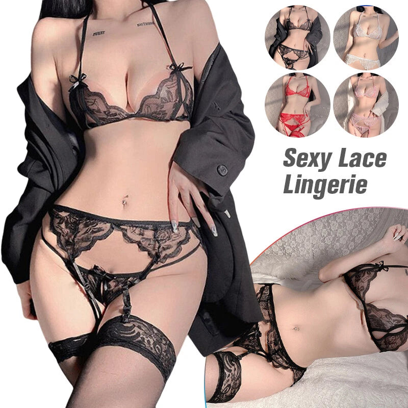 Sexy Women  Mesh Lace Lingerie Set See Through Bra+Panty+Garter Belt+Stockings