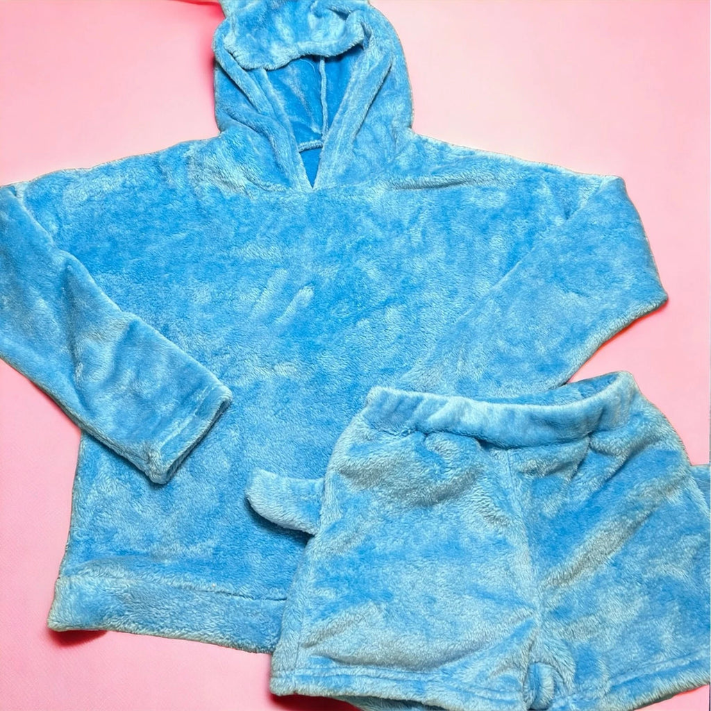 Fleece 2 piece Pajama Set Embroidered Meow Shorts Hoodie Sleepwear Size Small