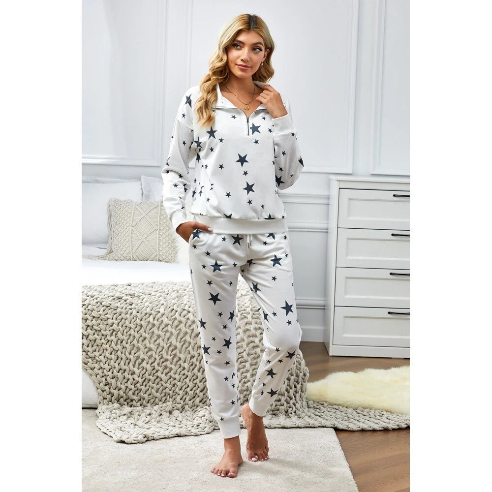 Star Print Zipper Collar Long Sleeve Top and Jogger Loungewear Set - LC451318-1