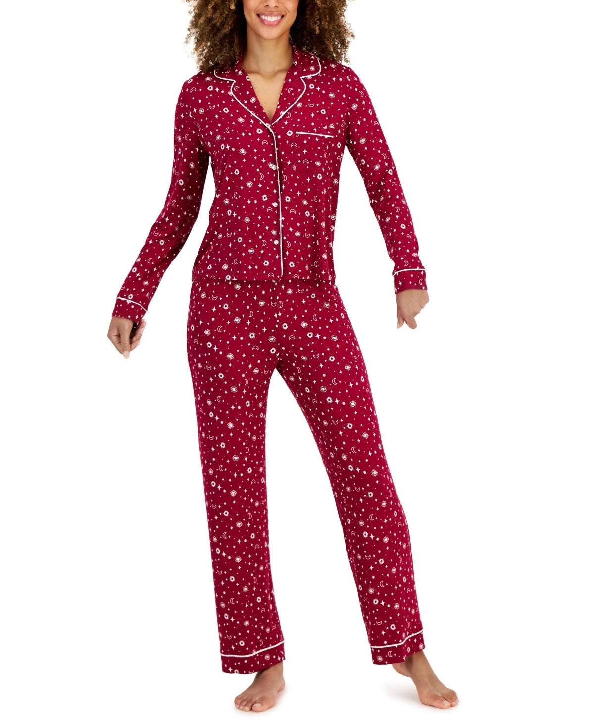Jenni Women's 2-Piece Notch-Collar Pajama Set, Dark Red Suns and Moons, XL