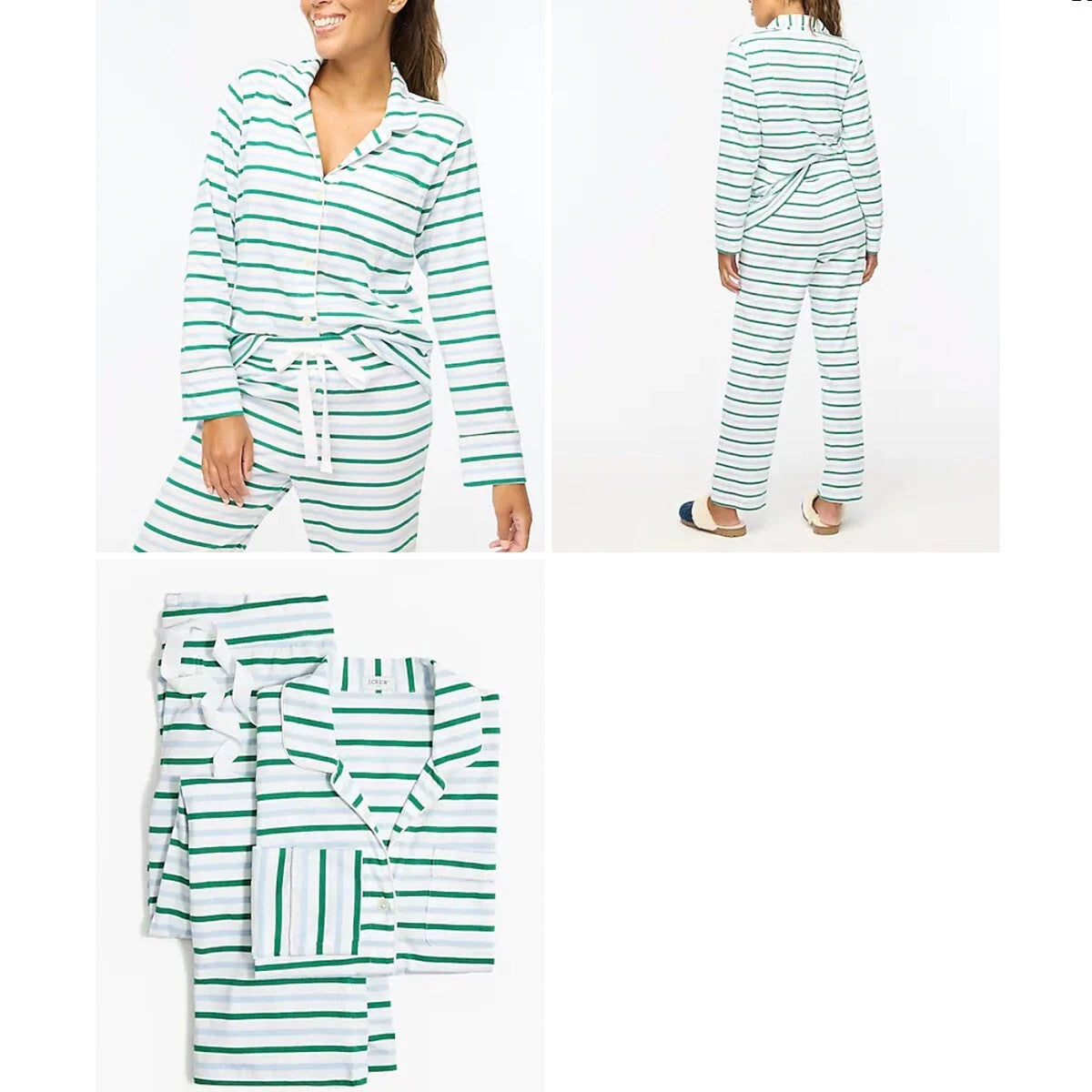 J Crew NWT $118 Long Sleeve 100% Cotton Knit Pajama in Green Blue Stripe | Sz S