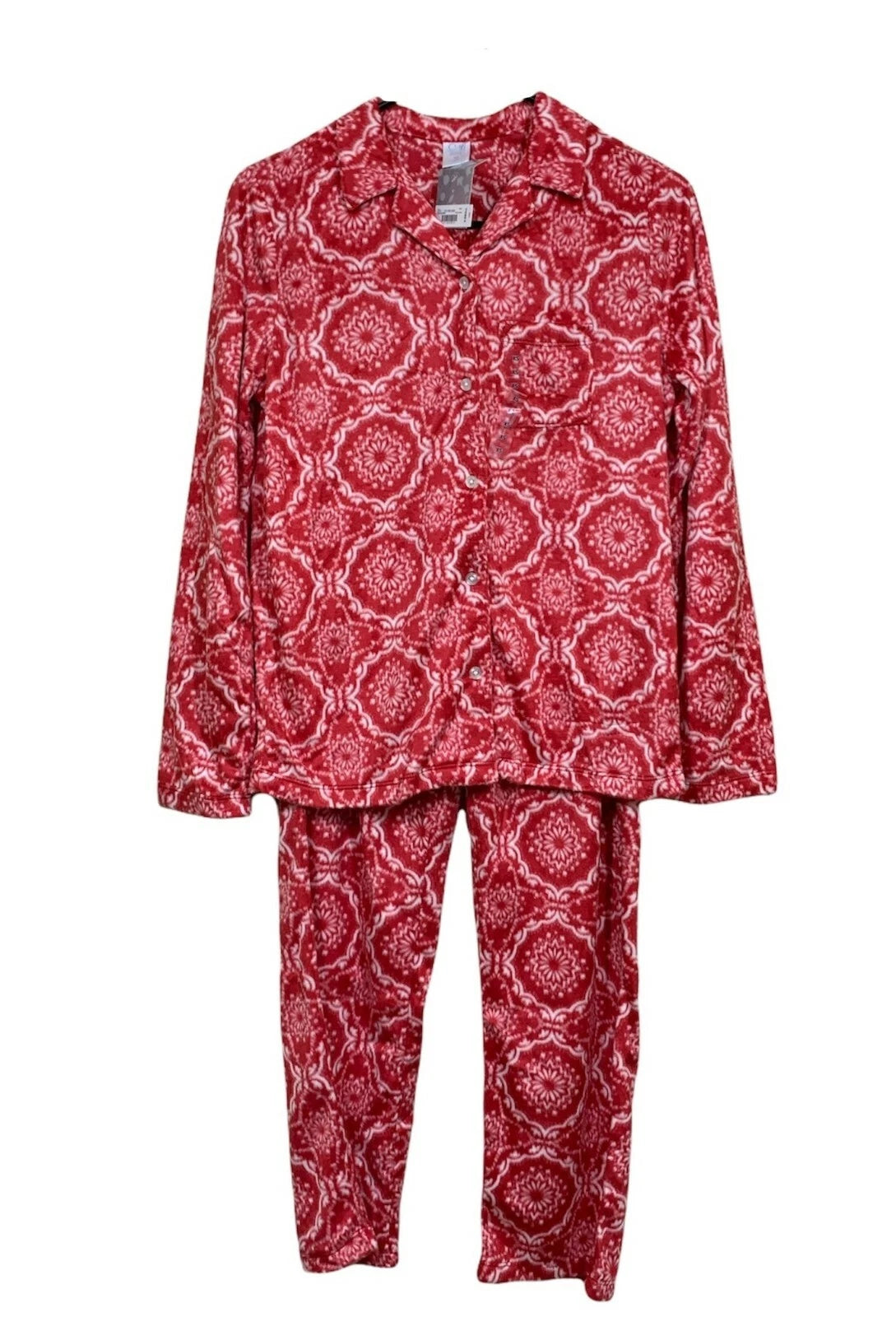 Adonna Fleece Pant Pajama Set Women's Sz XS Red White Long Sleeve Button Pocket