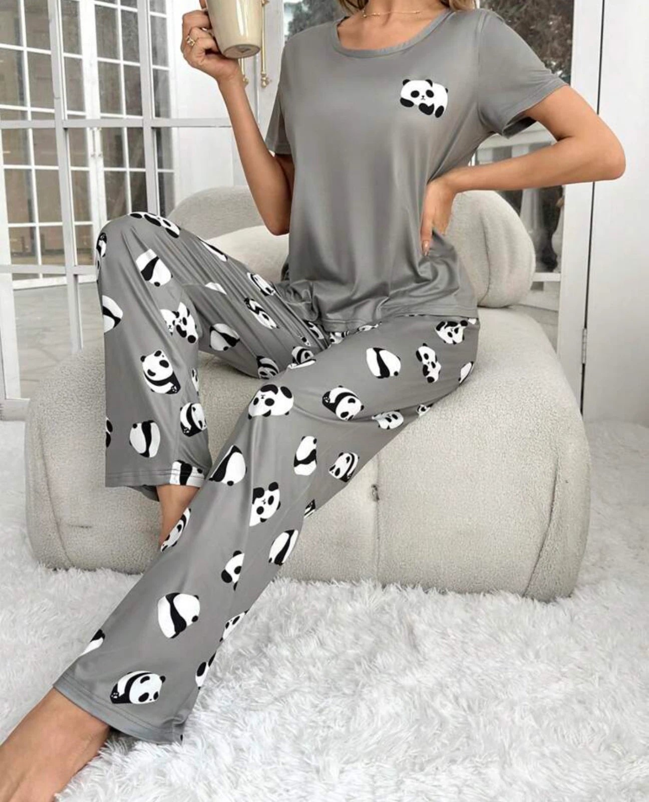 PANDA Women's Ladies Pyjamas PJs Gift Novelty Size 8 10 12/14 16 grey
