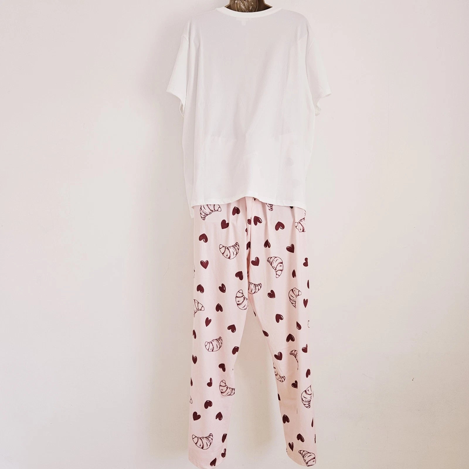 NEW Simply Be Plus Size 16-34 Croissant Print Pink Pyjama 2 Piece Set Top Bottom