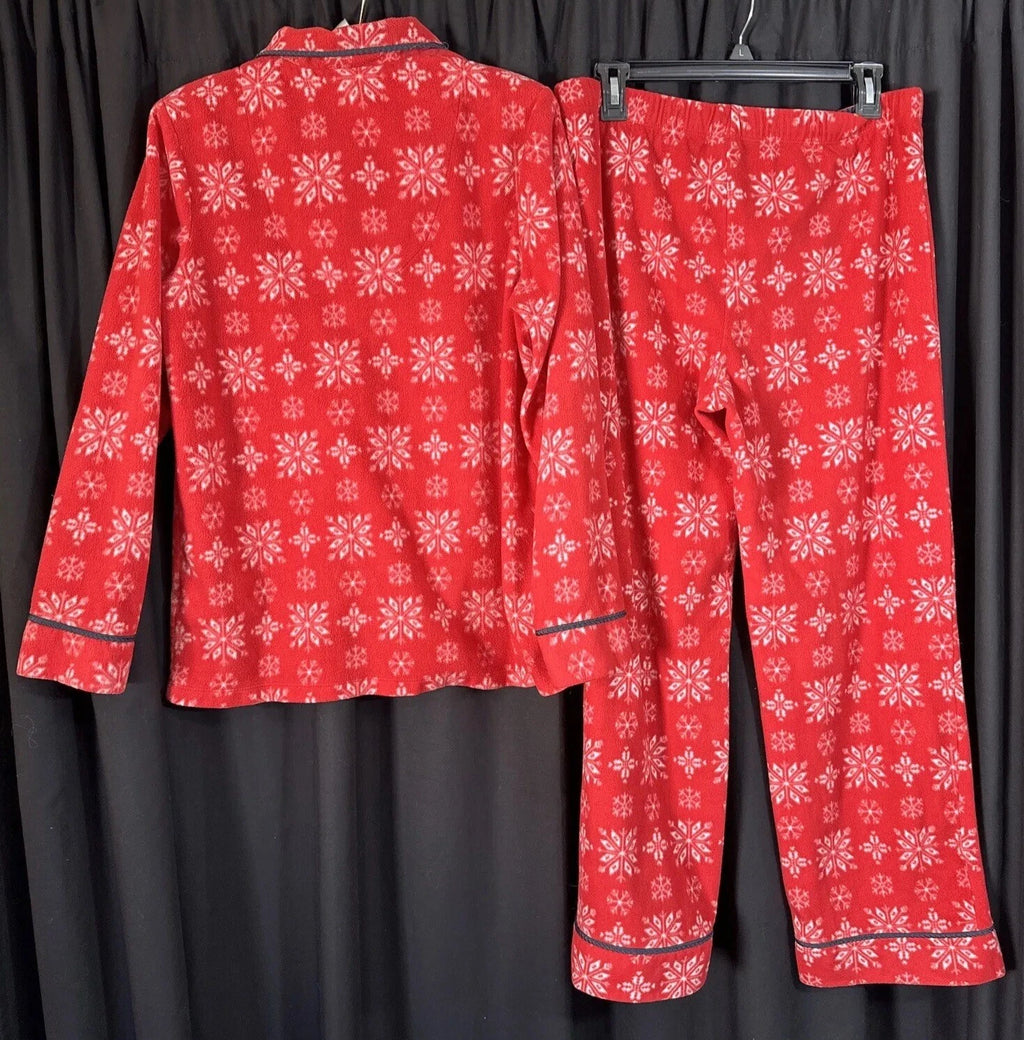 Anne Klein Holiday Pajama Pants Set Long Sleeve Button Up Red Fleece PJs Large