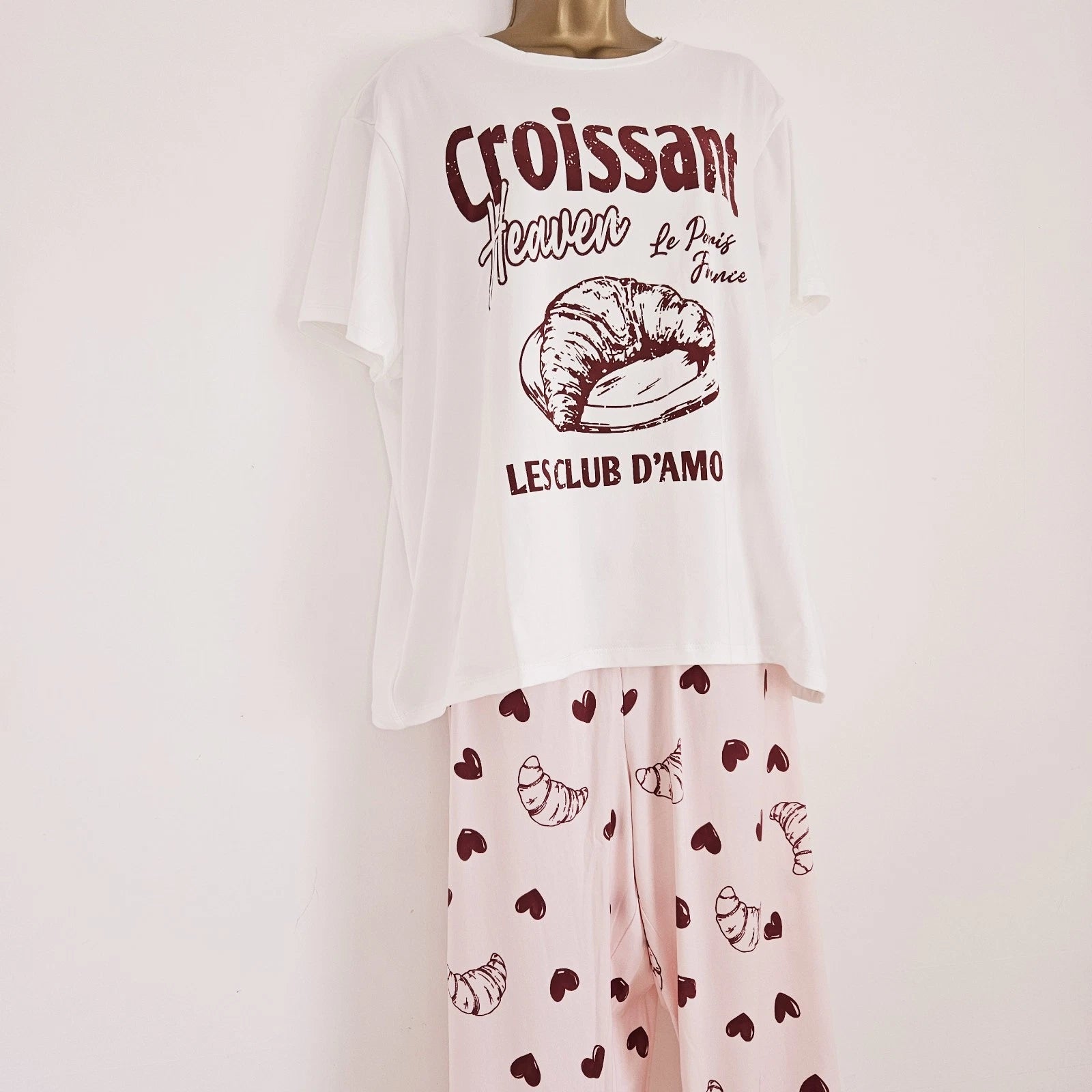 NEW Simply Be Plus Size 16-34 Croissant Print Pink Pyjama 2 Piece Set Top Bottom
