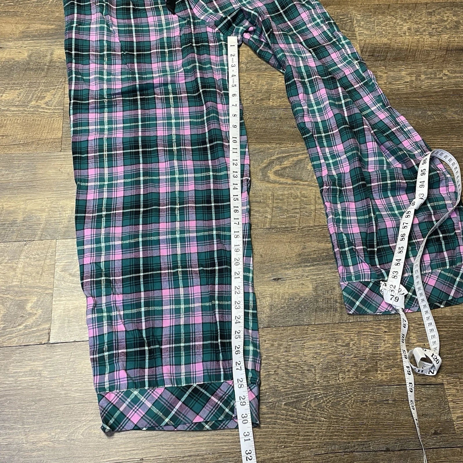 Victoria’s Secret PJ Set Thin Lightweight Flannel Plaid Green Pink Womens Large
