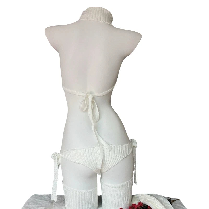 Cozy Knit Lingerie Set with Turtleneck & Garters Cute Bareback Sweater Pajama Co