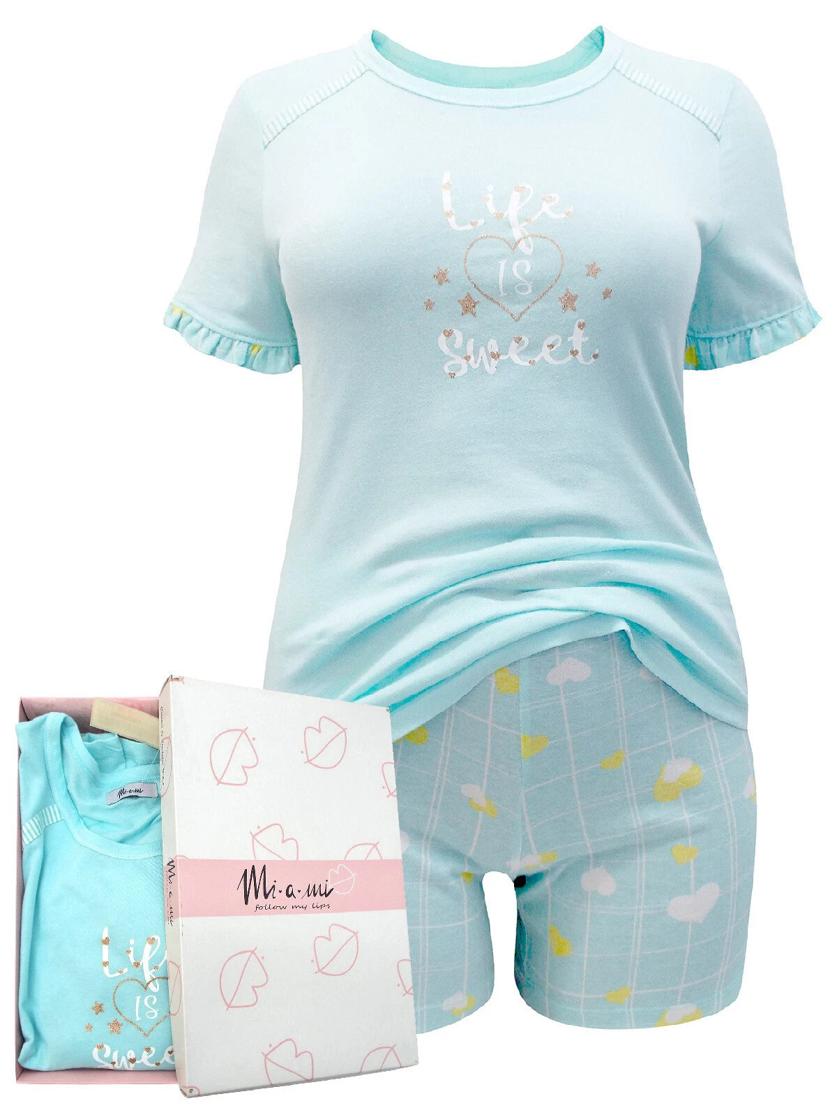 Italian Mi-a-mi Aqua Cotton Heart Frill Trim Shorts Pyjama Set 10 12 14 16 20