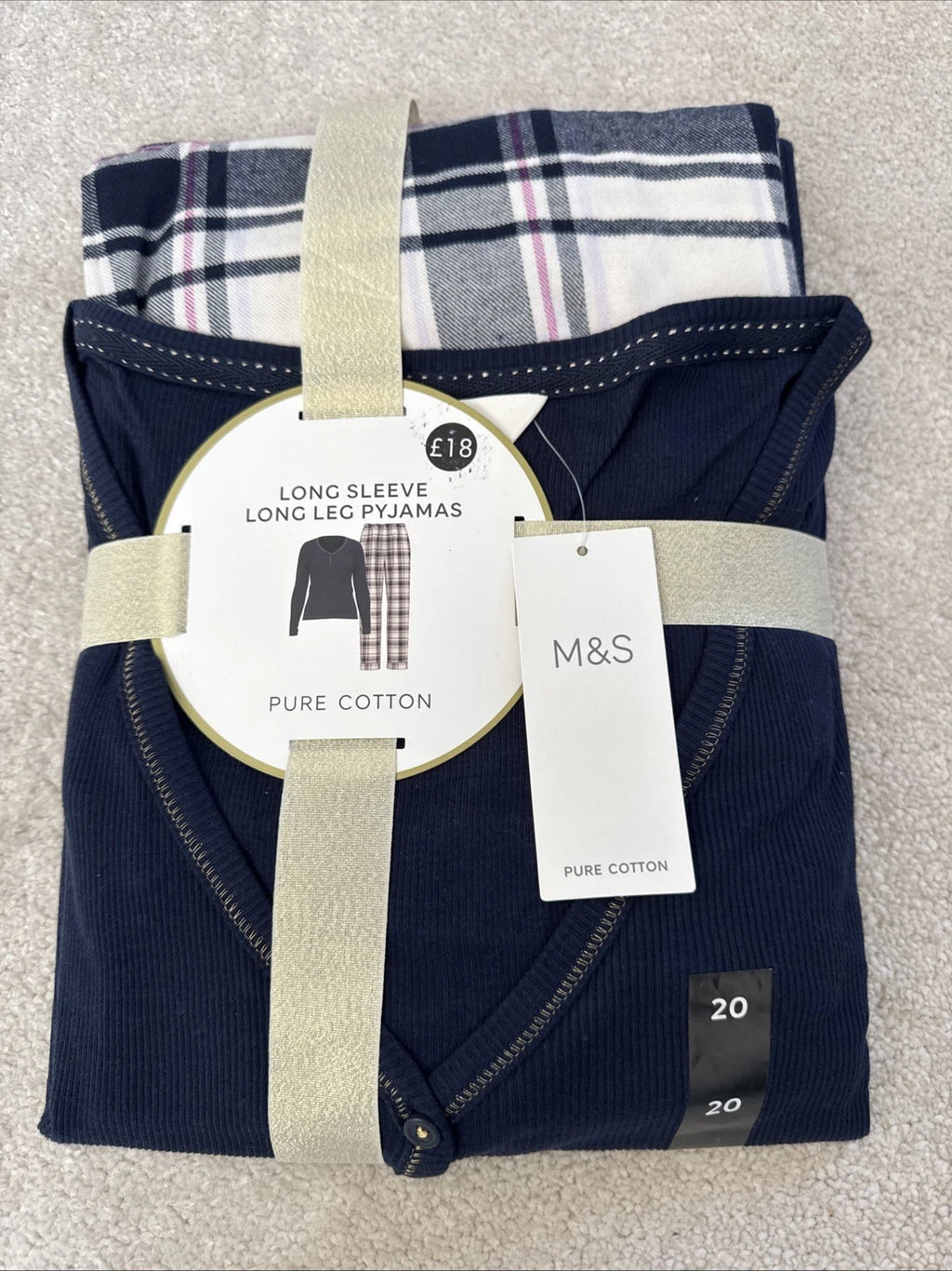 Marks and Spencer Pure Cotton Long Sleeve Long Leg Pyjamas Size 20