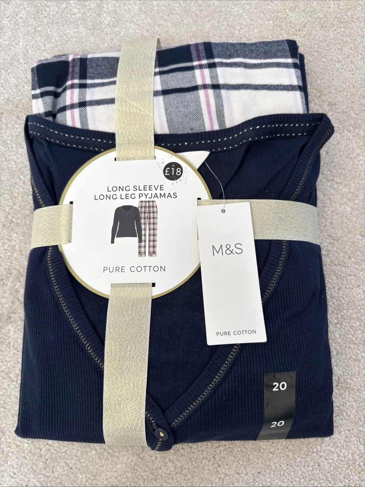 Marks and Spencer Pure Cotton Long Sleeve Long Leg Pyjamas Size 20