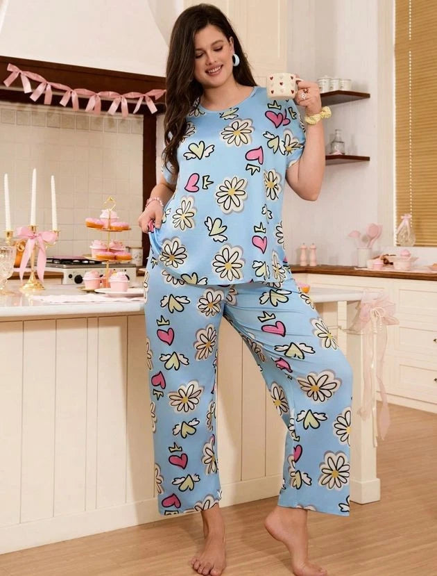PYJAMA PLUS 18 20 22 24 26 28 LIGHT BLUE FLORAL DAISY STRETCH LOUNGEWEAR COMFORT