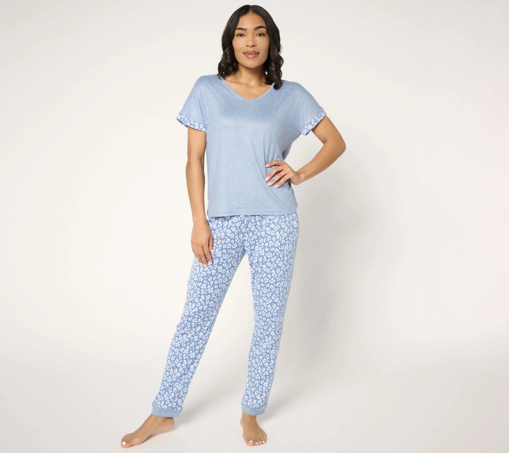Muk Luks Sweater Knit Short Sleeve and Jogger Pajama Set Blue Leopard S New