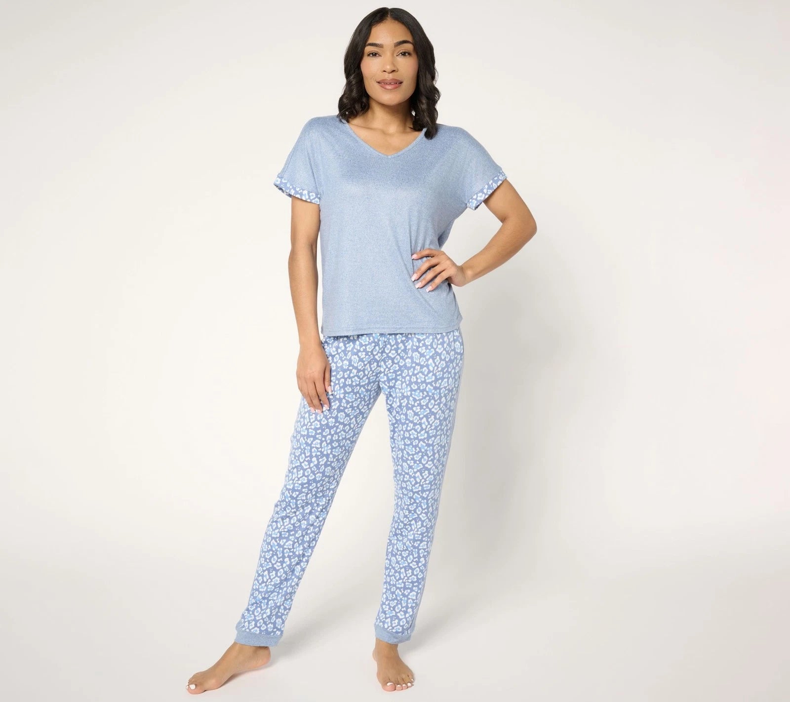 Muk Luks Sweater Knit Short Sleeve and Jogger Pajama Set Blue Leopard S New