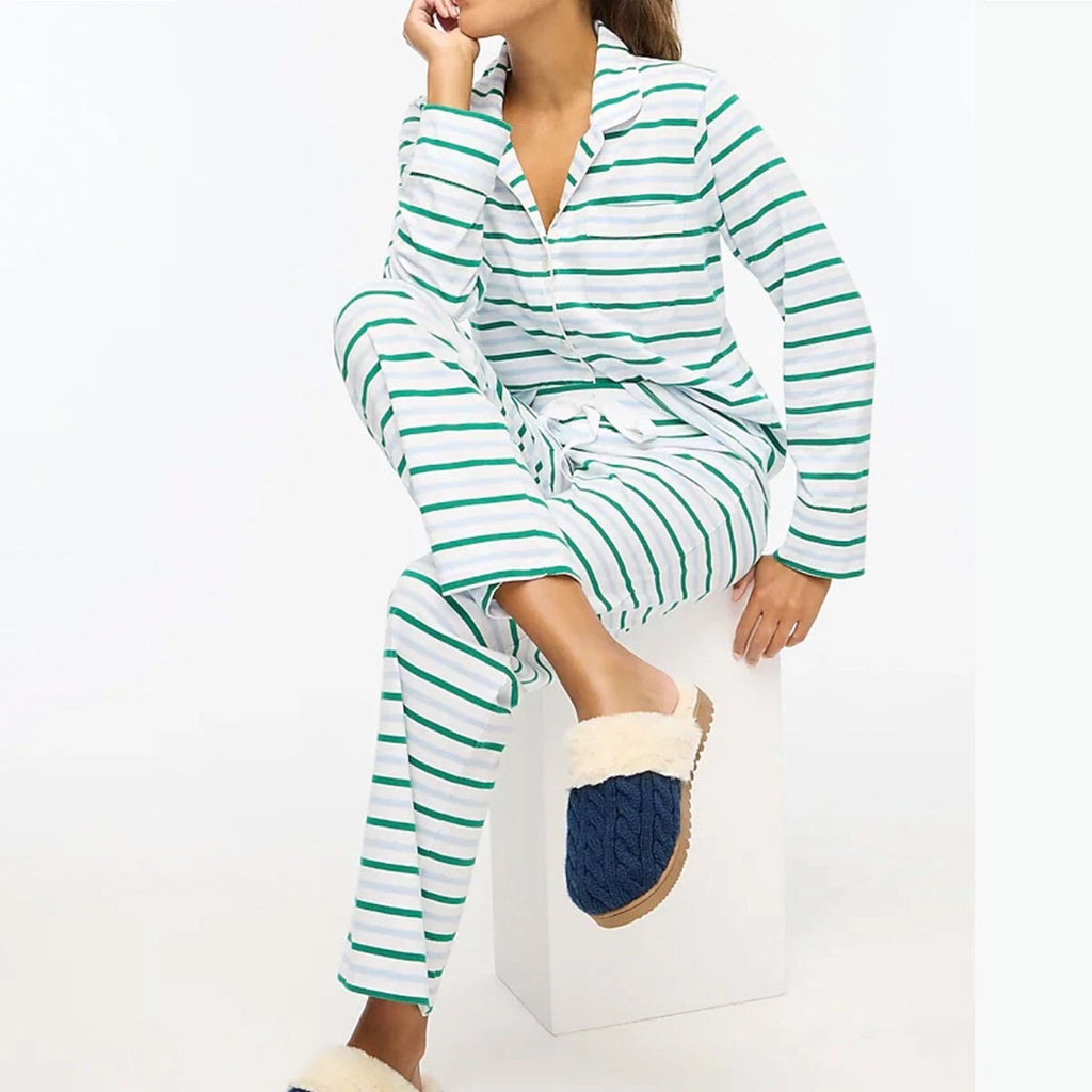 J Crew NWT $118 Long Sleeve 100% Cotton Knit Pajama in Green Blue Stripe | Sz S