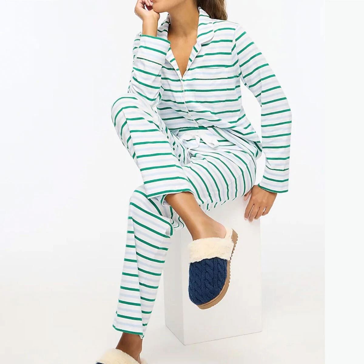 J Crew NWT $118 Long Sleeve 100% Cotton Knit Pajama in Green Blue Stripe | Sz S