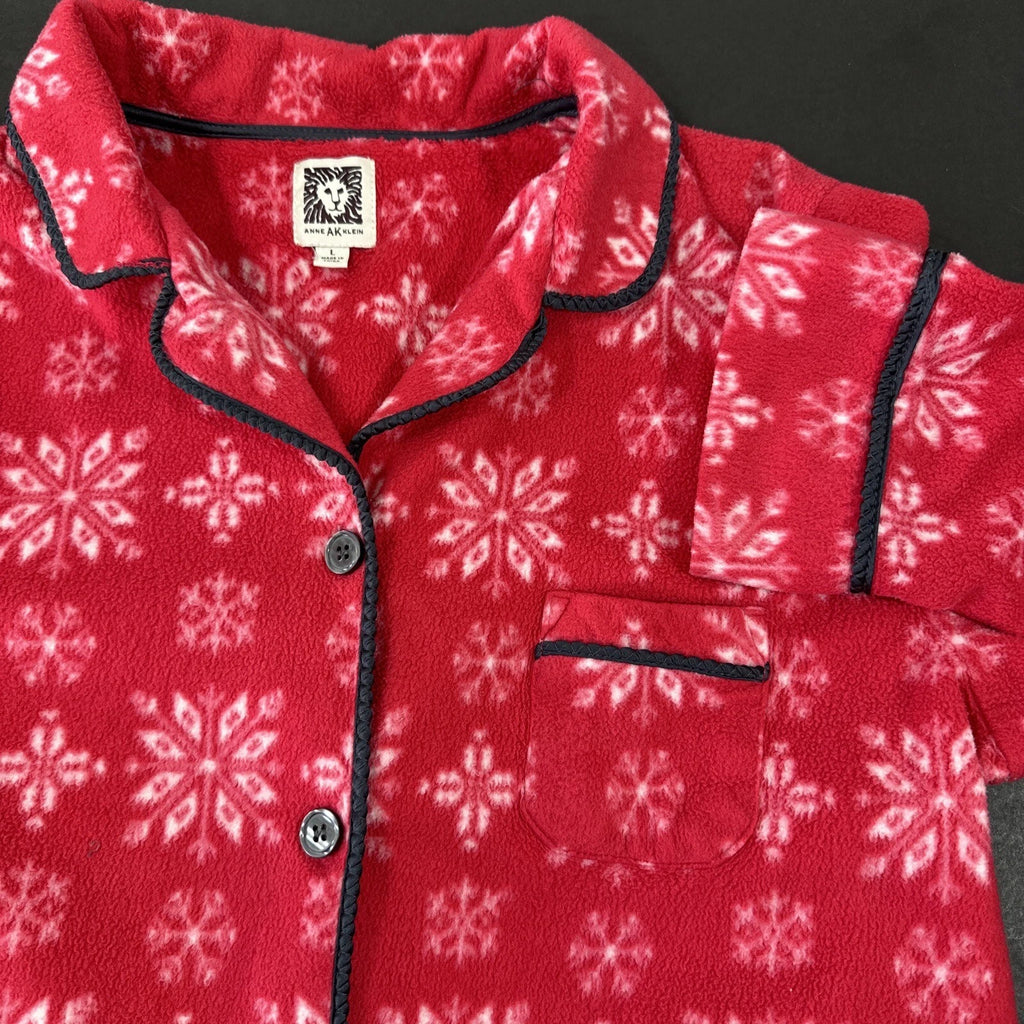 Anne Klein Holiday Pajama Pants Set Long Sleeve Button Up Red Fleece PJs Large