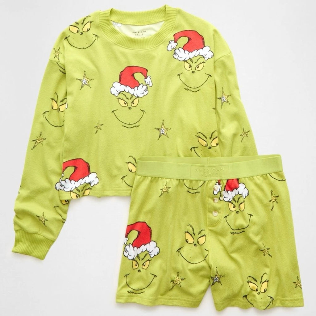 American Eagle AE-Grinch Christmas Pajamas PJ’s Shorts Set-Green-Super Soft Med