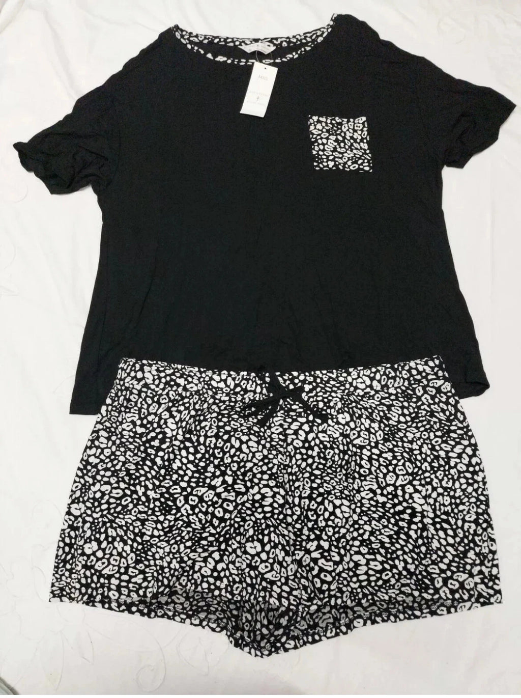 New M&S Leopard Animal Print Black & White Shorts Pyjamas Set UK 6, 8, 12