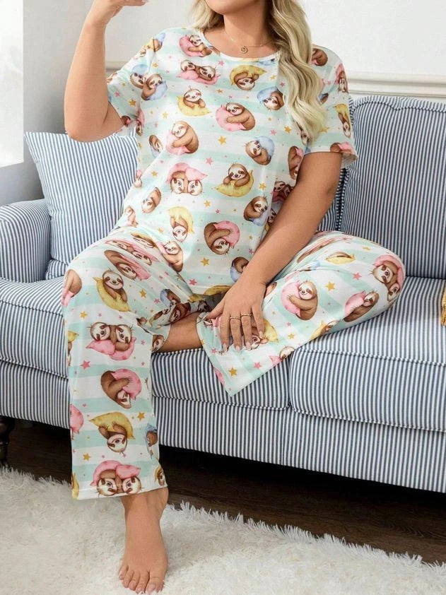 PYJAMA PLUS SIZE 24 26 28 WHITE CUTE CARTOON SLOTH STRETCH LOUNGEWEAR COMFORT