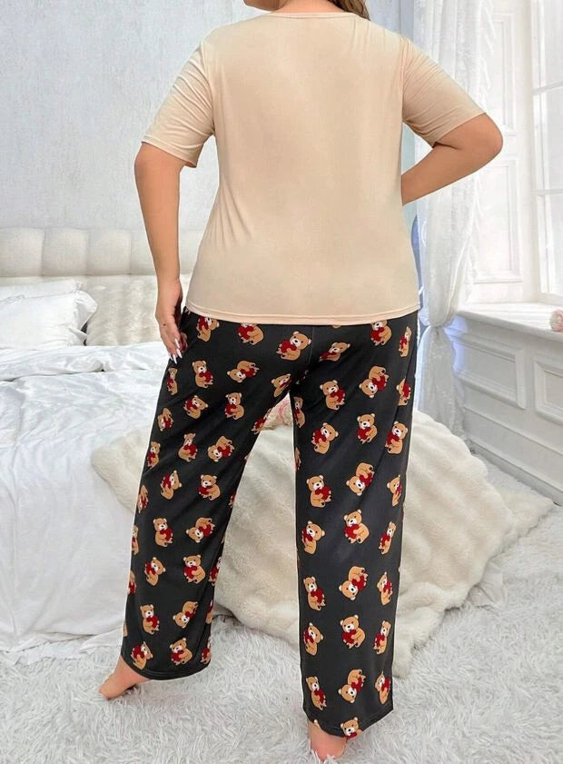PYJAMA PLUS  20 22 24 MULTICOLOUR TEDDY BEAR HEART STRETCH LOUNGEWEAR COMFORT