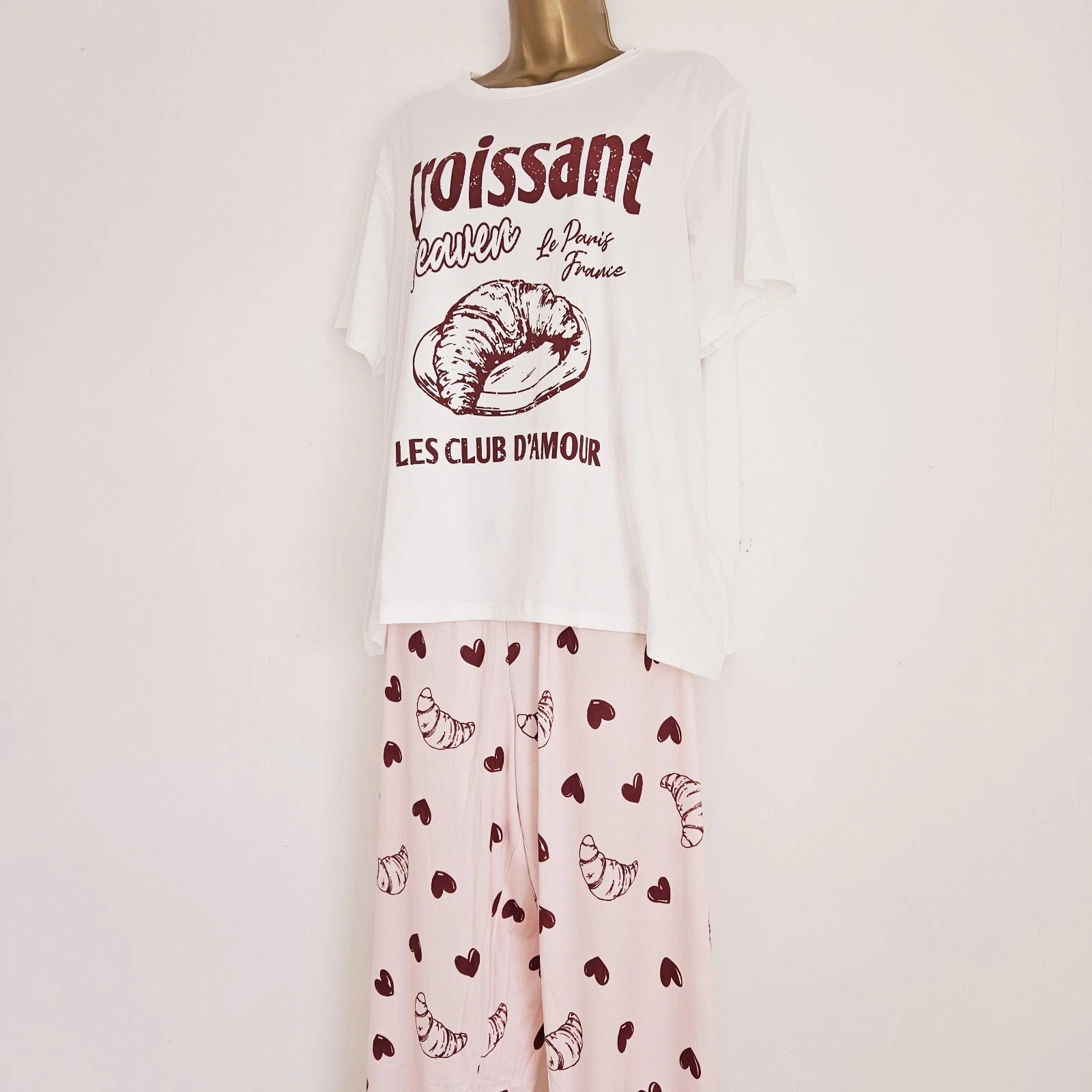 NEW Simply Be Plus Size 16-34 Croissant Print Pink Pyjama 2 Piece Set Top Bottom