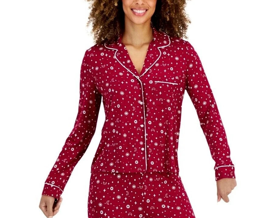 Jenni Women's 2-Piece Notch-Collar Pajama Set, Dark Red Suns and Moons, XL