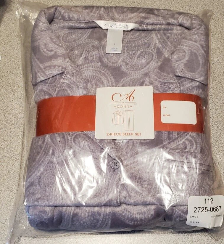Womens Adonna Flannel 2-Piece Pajama Set Gray Paisley Large