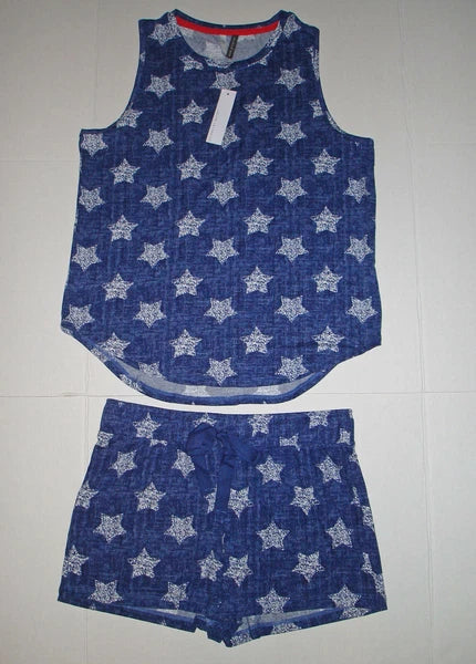 JACLYN INTIMATES PAJAMAS PJ SLEEPWEAR TANK SHORTS S SMALL BLUE WHITE STARS