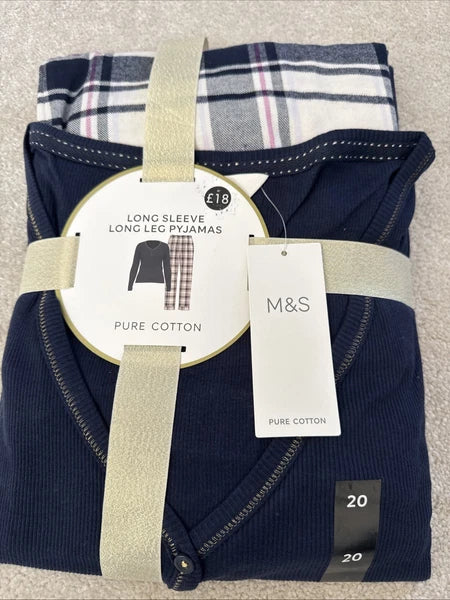 Marks and Spencer Pure Cotton Long Sleeve Long Leg Pyjamas Size 20