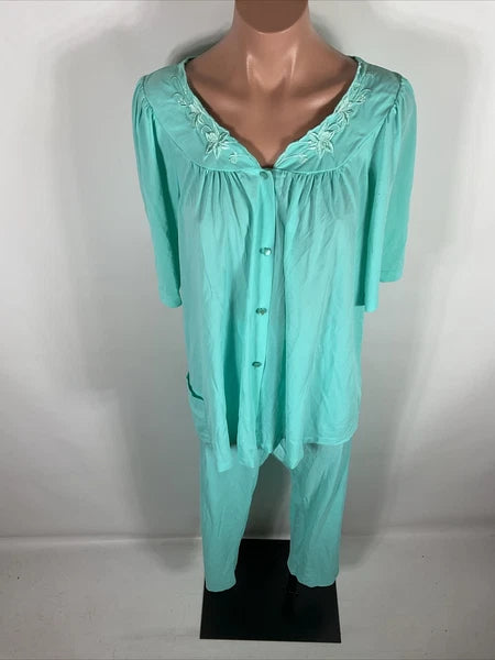 Miss Elaine Classics 2 Piece Teal Blue Nylon Pajama Set Women's Size L Silky