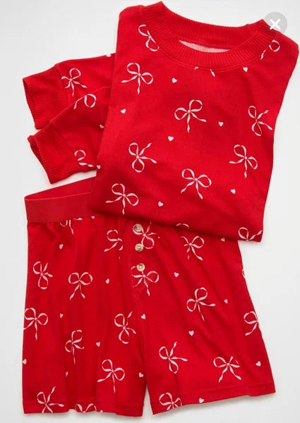 American Eagle Bow Plush PJ Pajama Set Women Medium Shirt & Shorts Red NWT