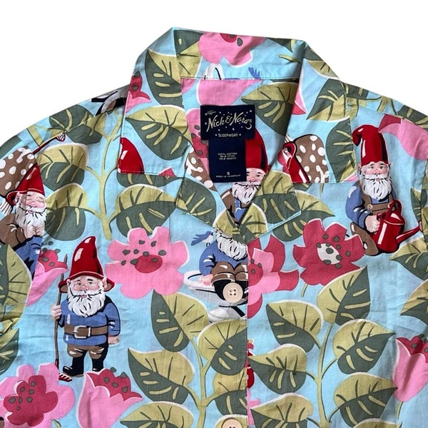 Nick Nora Sz S NWT Spring Pajama Set VTG Floral Garden Gnome Cotton Logo Branded