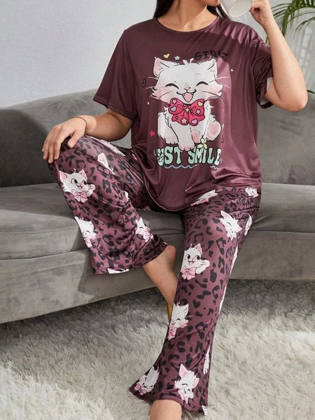 PYJAMA PLUS 20 22 24 26 28 BROWN CUTE CARTOON CAT  STRETCH LOUNGEWEAR COMFORT