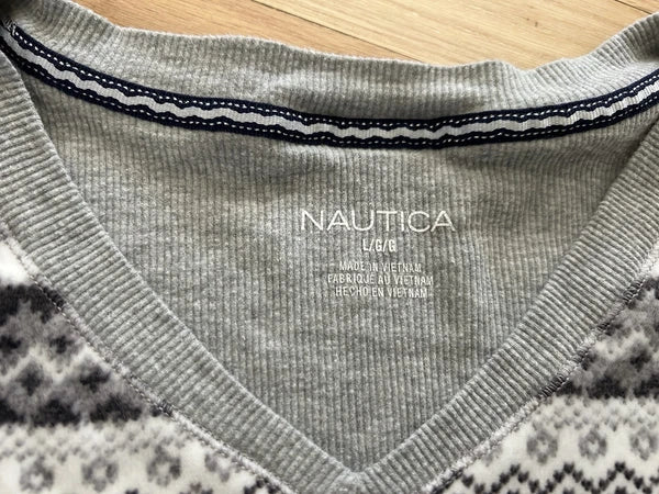 Nautica Womens Silky Fleece Pajama Set Size Large Gray/White Patterned