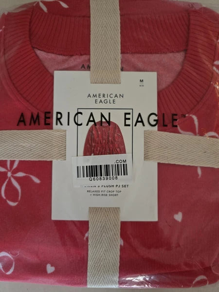 American Eagle Bow Plush PJ Pajama Set Women Medium Shirt & Shorts Red NWT