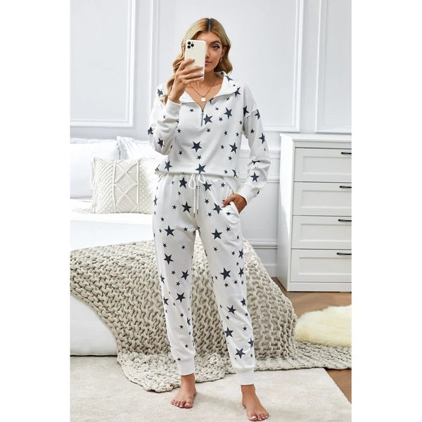 Star Print Zipper Collar Long Sleeve Top and Jogger Loungewear Set - LC451318-1