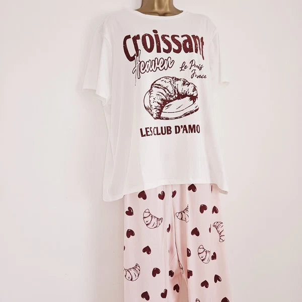NEW Simply Be Plus Size 16-34 Croissant Print Pink Pyjama 2 Piece Set Top Bottom