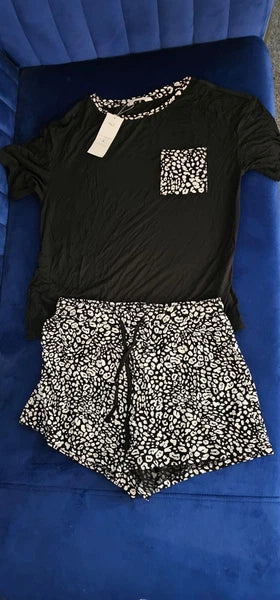 New M&S Leopard Animal Print Black & White Shorts Pyjamas Set UK 6, 8, 12