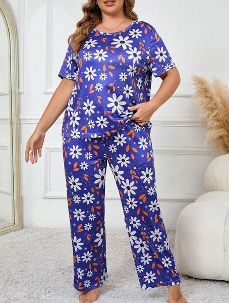 PYJAMA PLUS 18 20 22 24 26 28 DARK BLUE FLORAL DAISY STRETCH LOUNGEWEAR COMFORT