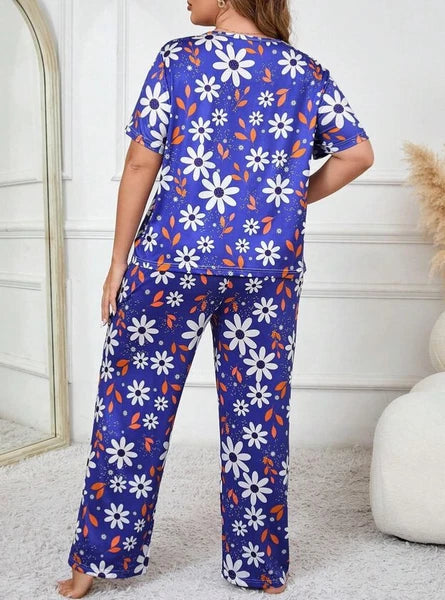 PYJAMA PLUS 18 20 22 24 26 28 DARK BLUE FLORAL DAISY STRETCH LOUNGEWEAR COMFORT
