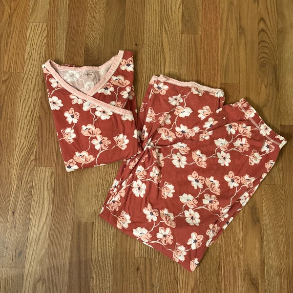 GARNET HILL Organic Cotton Asian Wrap Cropped Pajama Set SIZE Small Floral