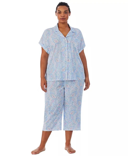New RALPH LAUREN Paisley 2 Pc Short Sleeve Top & Capri Pants Pajama Set $78 3X
