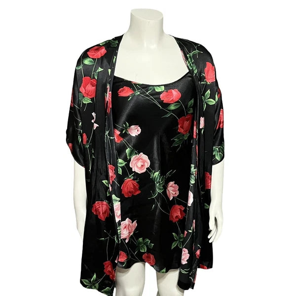 Secret Treasures Black Rose Floral 2 Pc Pajama Robe Set Sz-Medium