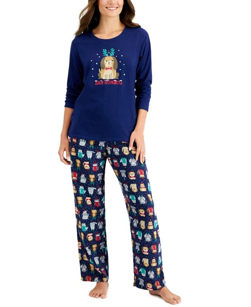 Family Pajamas Matching Women’s Bah Humbug Novelty Pajama Set, Blue, Small