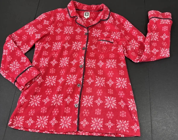 Anne Klein Holiday Pajama Pants Set Long Sleeve Button Up Red Fleece PJs Large