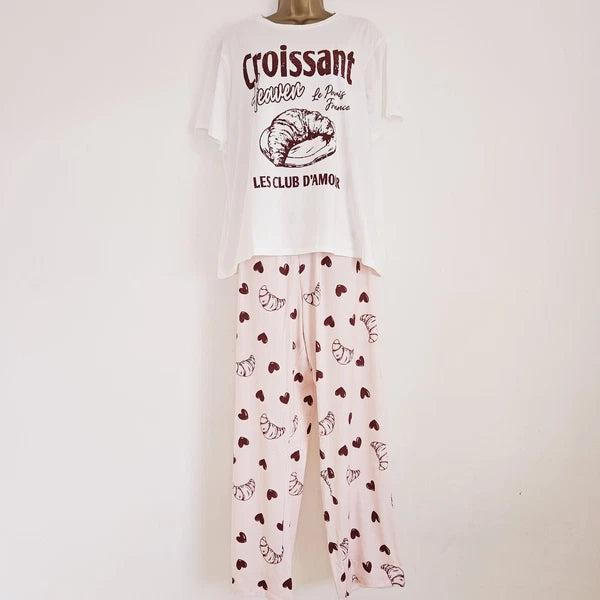 NEW Simply Be Plus Size 16-34 Croissant Print Pink Pyjama 2 Piece Set Top Bottom