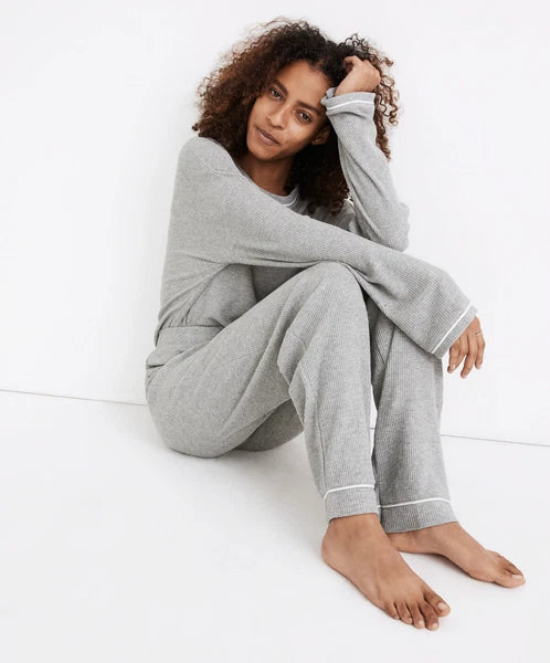 MADEWELL WOMEN'S HEATHER GREY LONG SLEEVE PIPPED WAFFLE KNIT PAJAMA SET Sz XXS