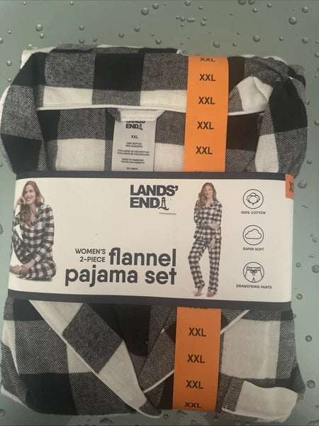 Cotton LANDS' END Women's 2-Piece Flannel Pajama Set Black / White Size XXL
