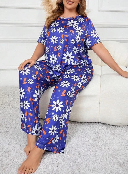 PYJAMA PLUS 18 20 22 24 26 28 DARK BLUE FLORAL DAISY STRETCH LOUNGEWEAR COMFORT